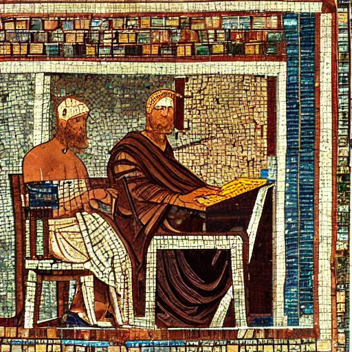 Image similar to romans using a computer in a office, artwork roman mosaic, ancient rome, opus tesellatum.