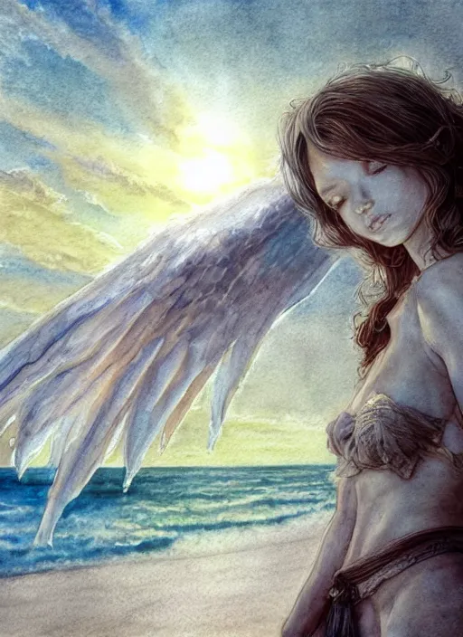 Prompt: portrait, An angel on the beach watching the sun set, watercolor, dramatic lighting, cinematic, establishing shot, extremely high detail, foto realistic, cinematic lighting, pen and ink, intricate line drawings, by Yoshitaka Amano, Ruan Jia, Kentaro Miura, Artgerm, post processed, concept art, artstation, matte painting, style by eddie mendoza, raphael lacoste, alex ross