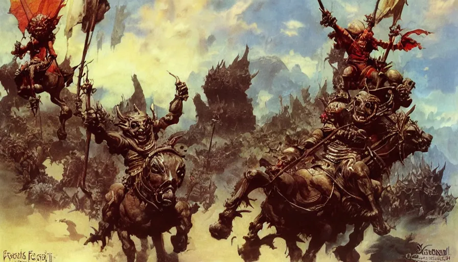 Image similar to Cheeky goblins riding a chariot, fantasy art by Frank Frazetta, by Marc Simonetti, highly detailed, oil on canvas