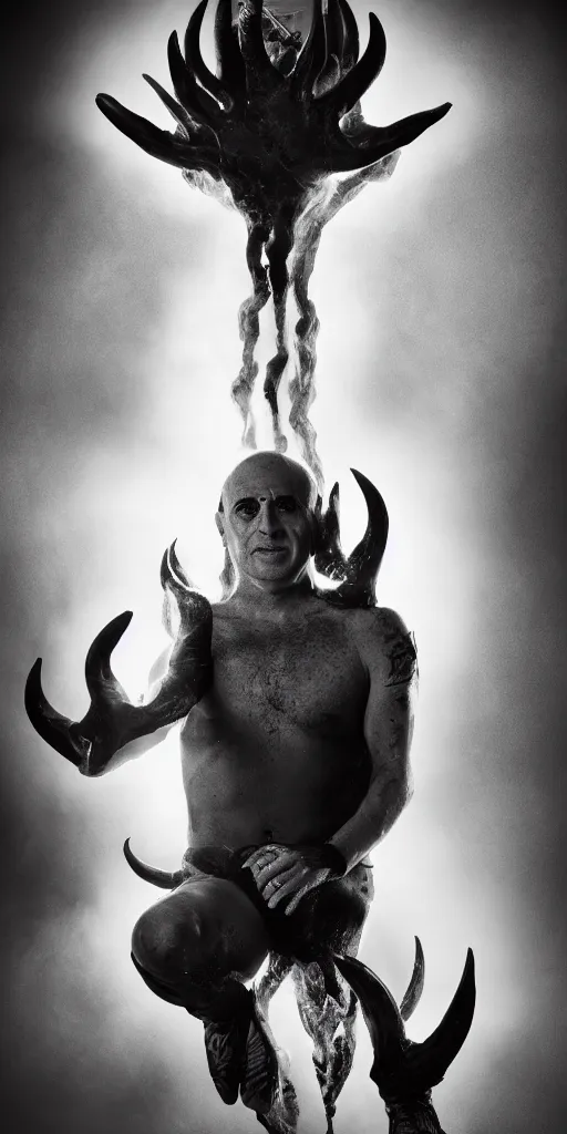 Prompt: avram glazer as the devil reincarnate, owner of manchester united football club, portrait, pure evil, devils horns, avram glazer, satan, hell, 8 k, 8 5 mm lens, hyperrealism, symmetry, cinematic lighting