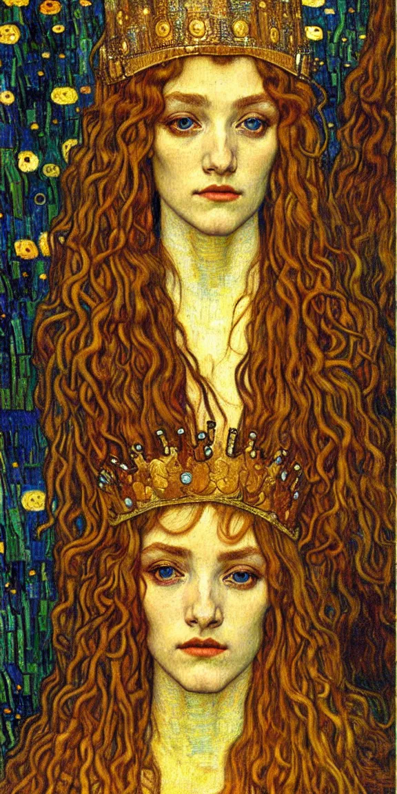 Image similar to detailed realistic beautiful young medieval queen face portrait by jean delville, gustav klimt and vincent van gogh, art nouveau, symbolist, visionary, gothic, pre - raphaelite, muted earthy colors, desaturated