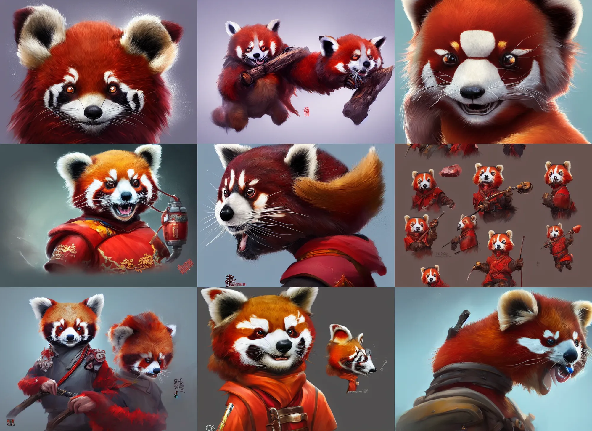 Prompt: detailed concept art of a chinese anthropomorphic red panda samurai character by patryk stefaniak, darek zabrocki artstation,