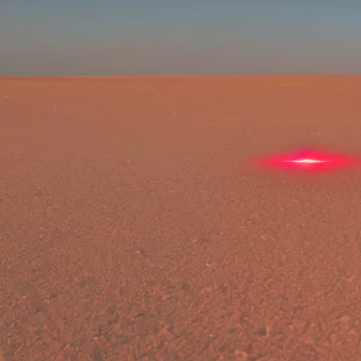 Prompt: a photograph of a ufo shooting destructive red laser on a desert at night