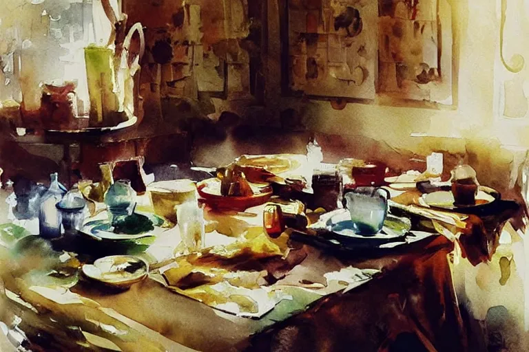 Image similar to paint brush strokes, abstract watercolor painting of medieval food serving, table cloth, art by hans dahl, by jesper ejsing, art by anders zorn, wonderful masterpiece by greg rutkowski, cinematic light, american romanticism by greg manchess, creation by tyler edlin