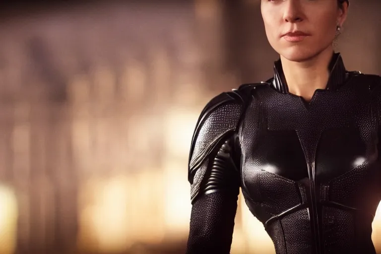 Prompt: VFX movie closeup of a gorgeous futuristic Denise Milaniin black spandex armor in future city, hero pose, beautiful skin, confident, natural city night lighting by Emmanuel Lubezki