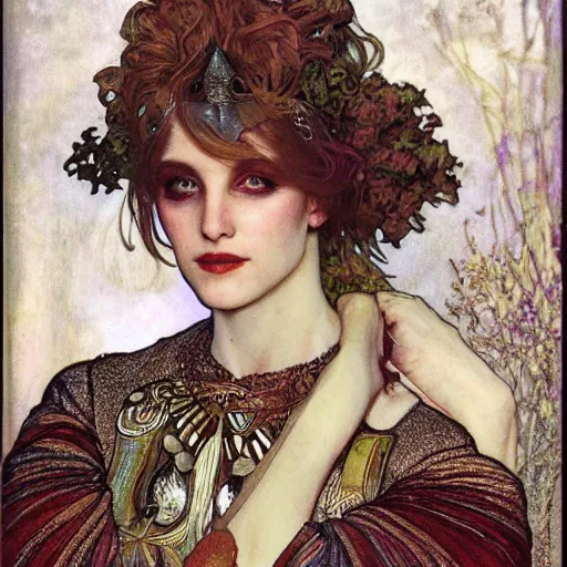 Prompt: head and shoulders portrait of a female knight, by alphone mucha, vogue fashion photo