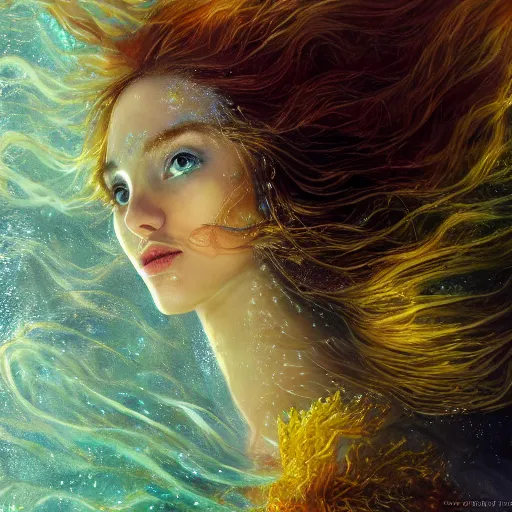 Prompt: Portrait of a mermaid in a luminescent sunken ship, face, orange flowing hair, fantasy, intricate, elegant, beautiful, magical, enchanted, yellow mist, highly detailed, digital painting, trending on artstation, concept art, smooth, sharp focus, illustration, art by Heady Tale and Artem Demura and Norman Rockwell, 4k, 8k