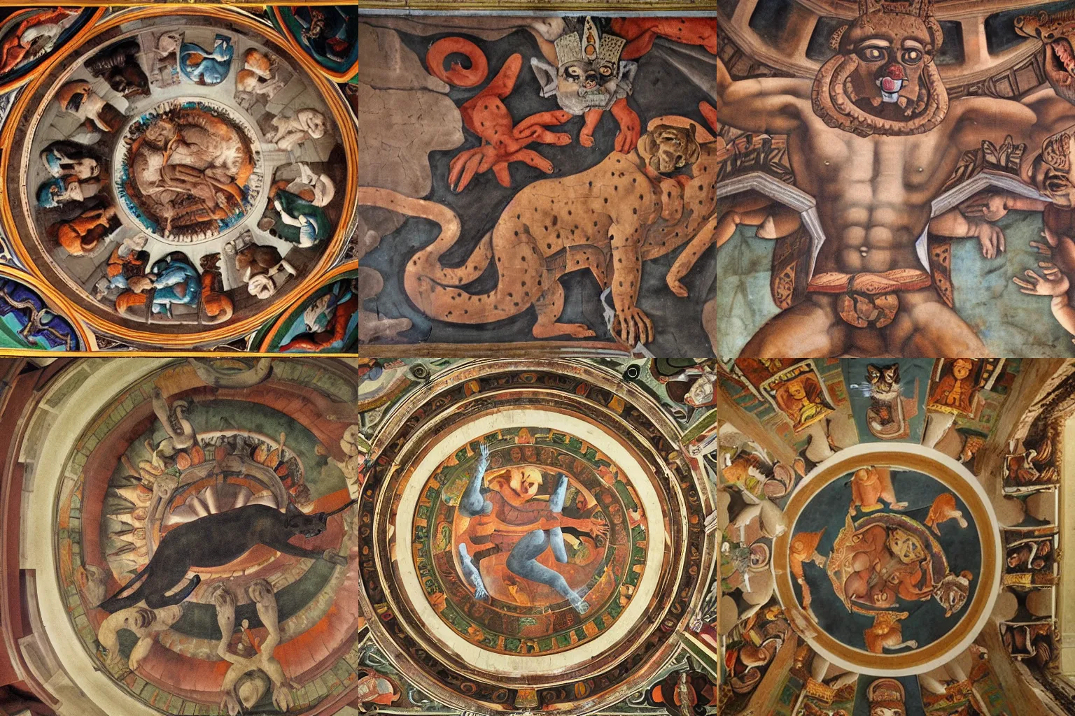 Prompt: A fresco titled The Aztec Jaguar Fiend, cathedral ceiling, Michelangelo 1550s