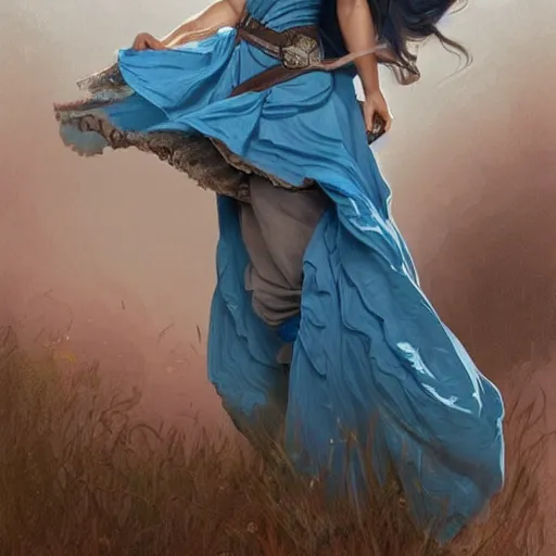 Prompt: full figure ultra realistic illustration, tessa thompson wearing a maiden blue dress, brown flowy hair, old west, intricate, elegant, highly detailed, digital painting, artstation, concept art, smooth, sharp focus, illustration, art by artgerm and greg rutkowski and alphonse mucha