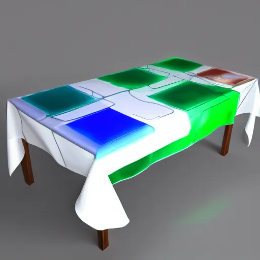 Prompt: three dimensional colored glass objects on white tablecloth ray traced photograph