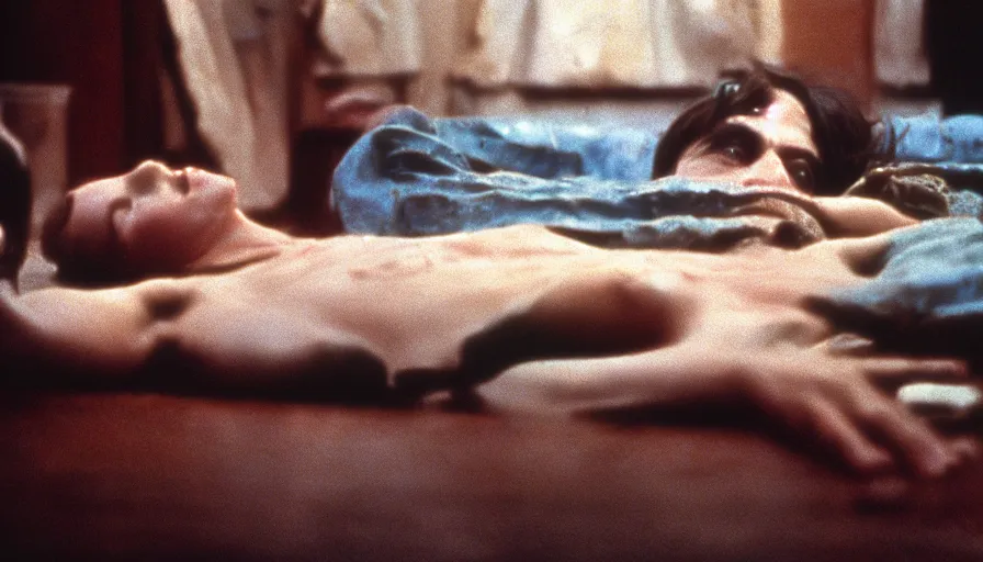 Prompt: 1 9 7 0 s movie still of la mort de marat, cinestill 8 0 0 t 3 5 mm, high quality, heavy grain, high detail, panoramic, cinematic composition, dramatic light, ultra wide lens, anamorphic