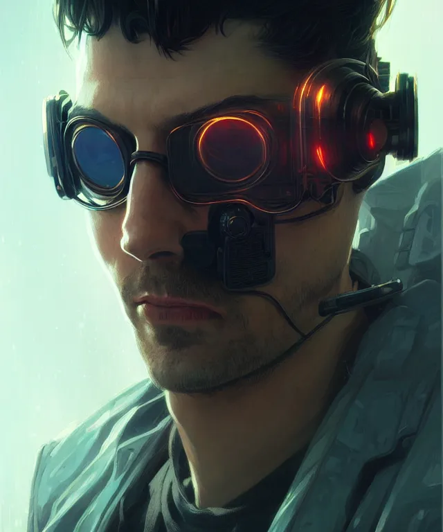 Image similar to Hacker cyberpunk man portrait, highly detailed, digital painting, artstation, concept art, smooth, sharp focus, illustration, art by artgerm and greg rutkowski and alphonse mucha