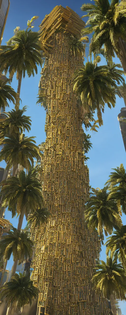 Image similar to epic eye level view of a contemporary tower, golden intricate details, golden facade, sacred architecture, hanging gardens, cascading highrise, arid mountains with lush palm forest, photorealistic, sunlight, 8 k, post - production, octane, cgi, sfx