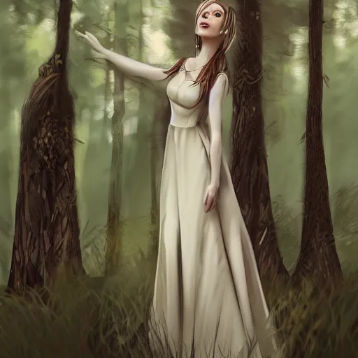 Image similar to nordic beautiful woman in a dress in the forest, trending on artstation, masterpiece