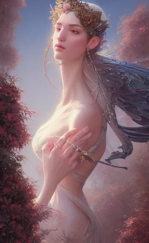 Image similar to highly detailed portrait of beautiful ethereal woman in ornate clothing, elegant birds flying, stephen bliss, unreal engine, fantasy art by greg rutkowski, loish, rhads, ferdinand knab, makoto shinkai and lois van baarle, ilya kuvshinov, rossdraws, tom bagshaw, global illumination, radiant light, detailed and intricate environment