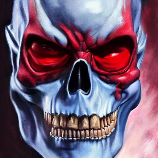 Image similar to ultra realistic portrait painting of red skull, art by frank frazetta, 4 k, ultra realistic, highly detailed, epic lighting