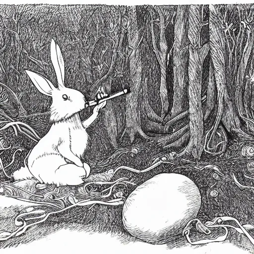 Image similar to a pen and ink drawing of a white rabbit smoking a cigarette while reclining in a deep dark tangled forest, a lingering smoke cloud, childrens book illustration, by edward gorey, by gustav dore