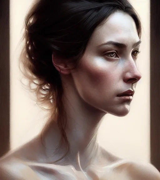 Image similar to portrait of a woman in heightened detail, poised, intense emotion, detailed facial expression, detailed surroundings, intricate, elegant, highly detailed, centered, digital painting, artstation, concept art, smooth, sharp focus, illustration, by ( greg rutkowski ), wlop