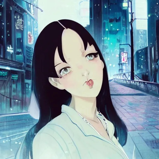 Image similar to a portrait of a beautiful girl with long black hair and bangs, wearing 1940's fashion, she has dark brown eyes and pale skin, she is facing towards the camera, city at nightime background, low-key neon lighting, 4k, HQ, official media, anime key visual, makoto shinkai, ilya kuvshinov, lois van baarle, rossdraws, detailed, trending on artstation