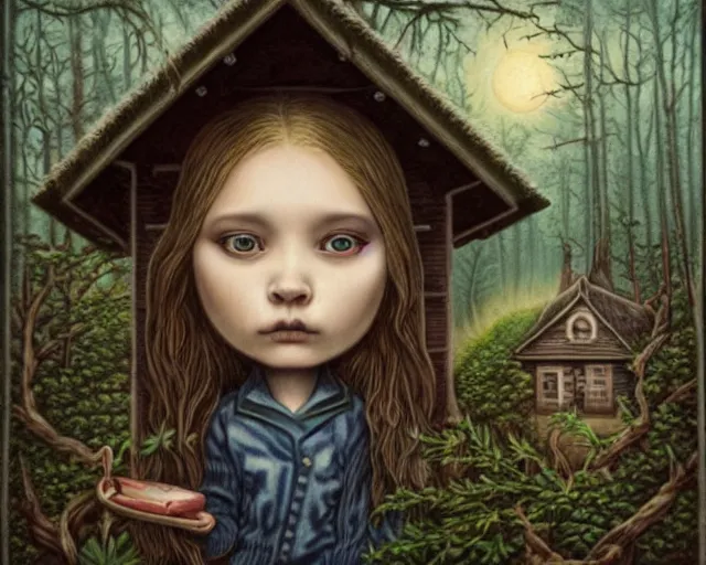 Image similar to intricate detailed portrait of a character in front of a cabin in a dark mysterious forest by mark ryden