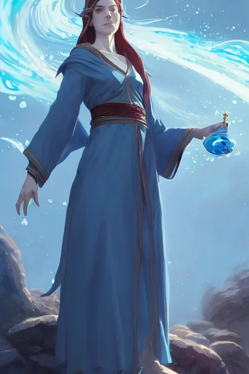 Image similar to elvish female sorcerer doing water magic spells, blue robes, red hair, finely detailed perfect face, exquisite details, mid view, design on a white background, by studio muti, greg rutkowski makoto shinkai takashi takeuchi studio ghibli