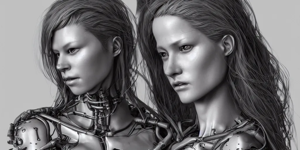Image similar to photorealistic gorgeous symmetrical female cyborg, holding intimately, highly detailed, intricate detailing, torso, neck, knees, in the style of, beth cavener, jin kagetsu, wlop, masterpiece, concept art, high key lighting, ambient lighting, octane render, 8 k, artstation