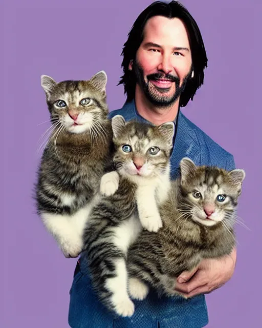 Prompt: “ head and shoulders glamour portrait of keanu reeves smiling at the camera and cradling a half dozen kittens in his arms, pastel colored background, high quality photo, photography, dreamy ”