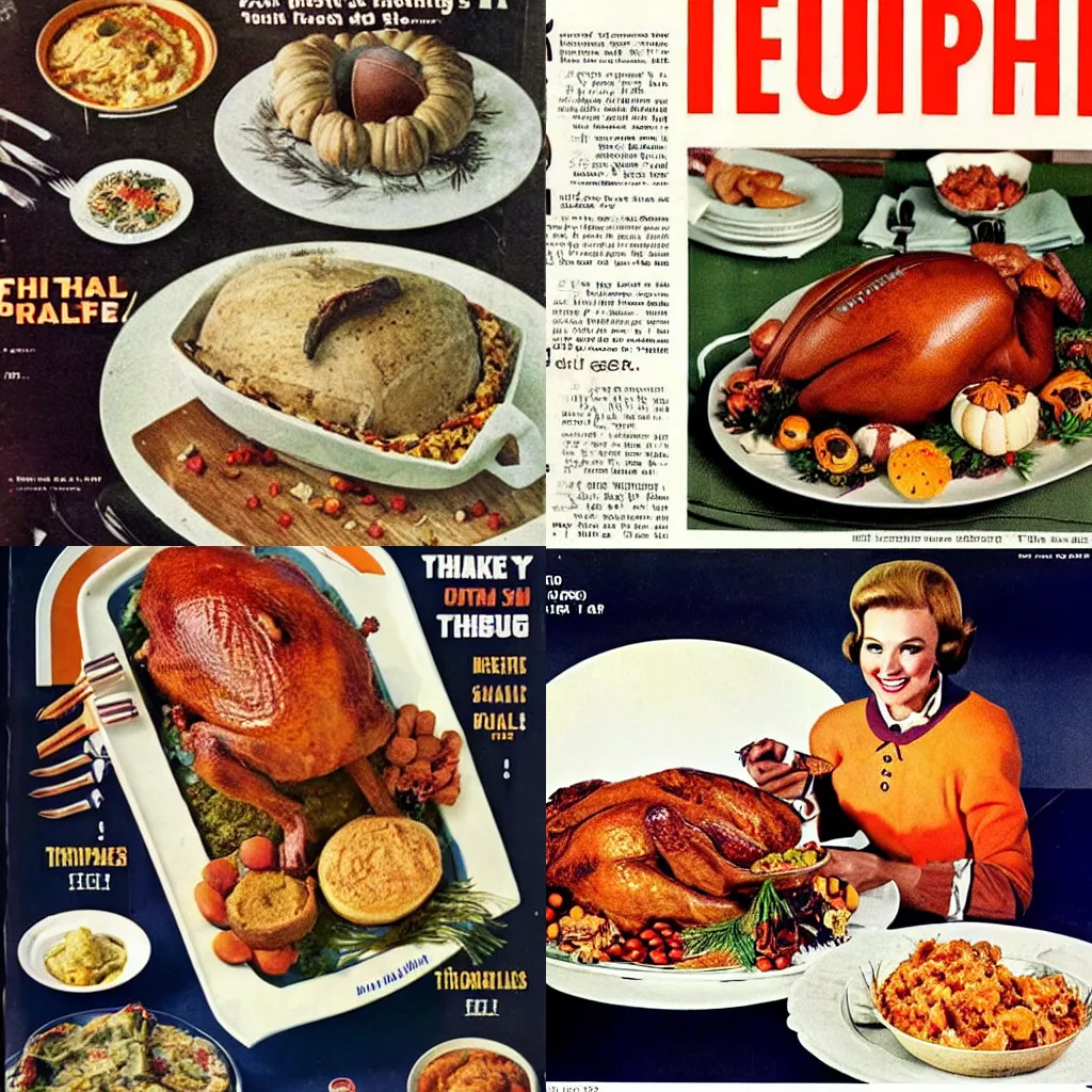 Prompt: a ((football)) plated with Thanksgiving dinner spread, (🏈) on a plate, Good Housekeeping, 1960