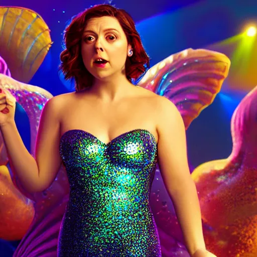 Image similar to rachel bloom as a beautiful mermaid pop star in a club surrounded by piles of money, ultra detailed, 8 k resolution, ultrarealistic