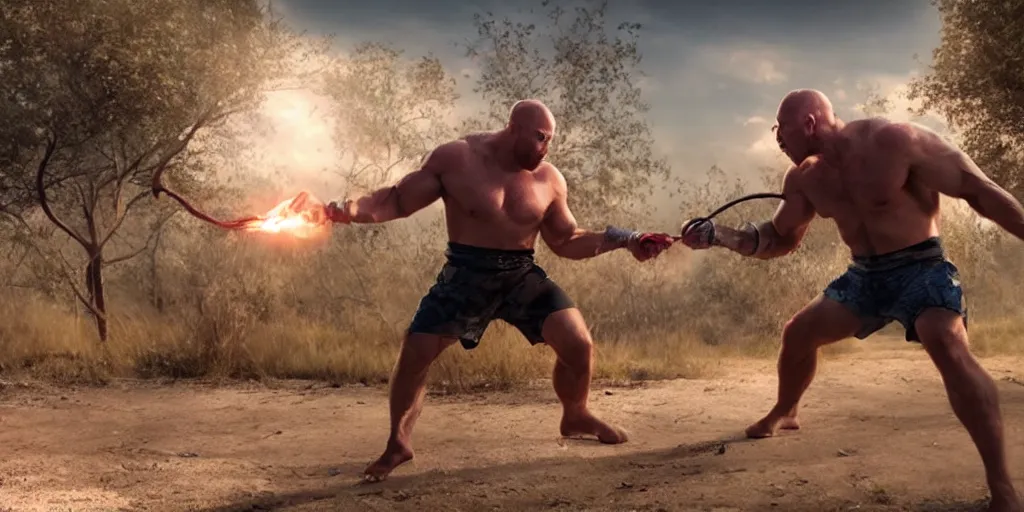 Image similar to The Ryback fighting a snake outdoors, hyperrealistic, photorealistic, ultra hd, cinematic lighting, award-winning, 4k, beautiful color, high quality, high textured, lens flare