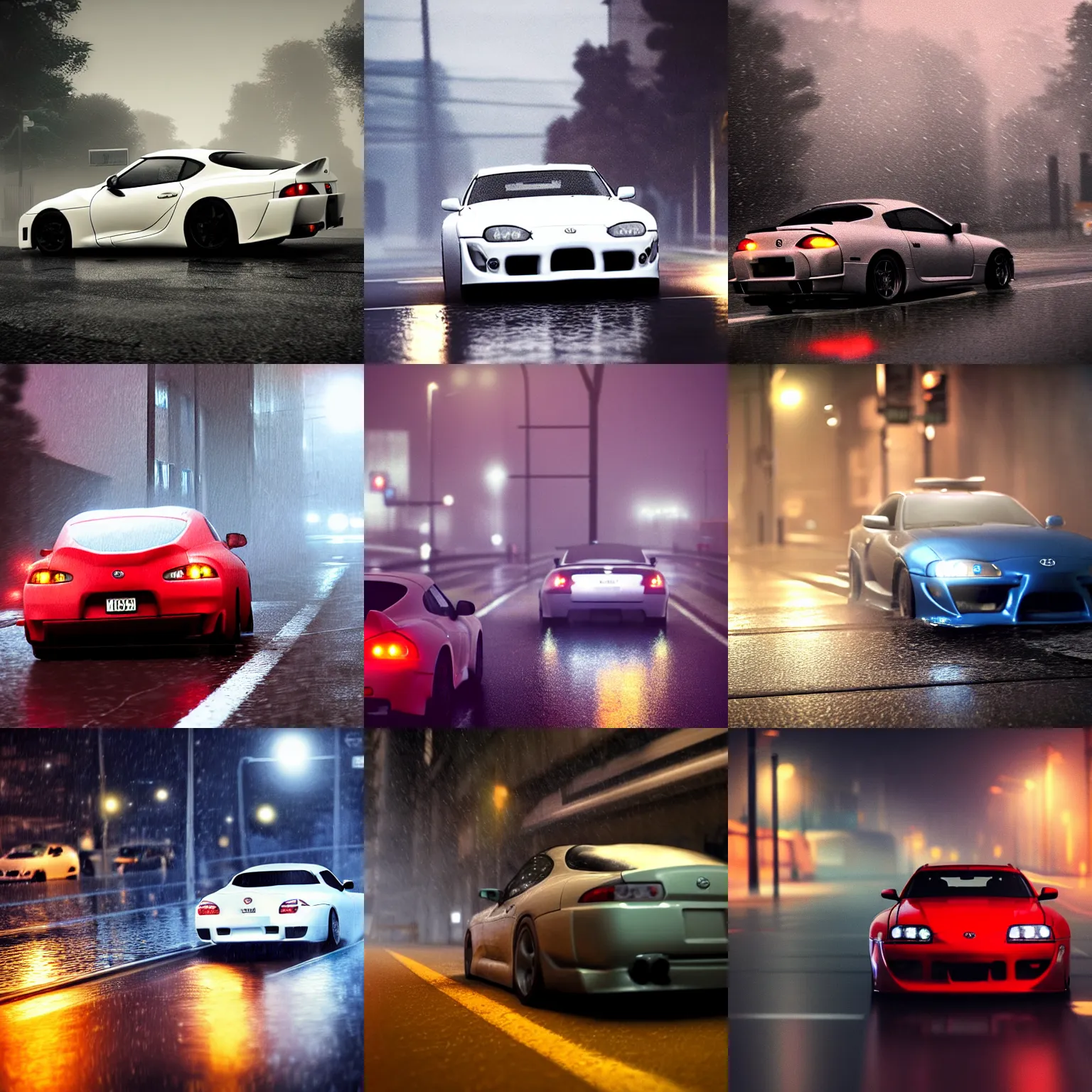 Prompt: !dream Hyperdetailed, photorealistic photograph of a Toyota Supra MK4 driving in the streets, rain, night, dense fog, HD, unreal engine