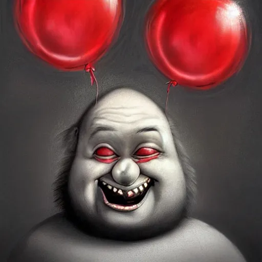 Prompt: surrealism grunge cartoon portrait sketch of chunky with a wide smile and a red balloon by - michael karcz, loony toons style, where the wild things are style, horror theme, detailed, elegant, intricate