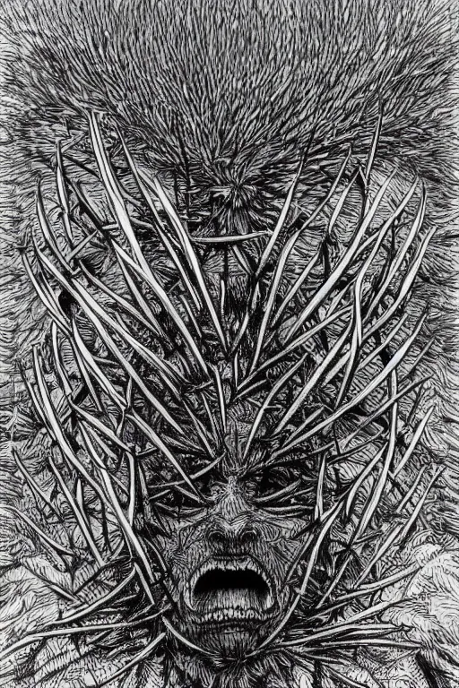 Image similar to thistle monster humanoid figure, symmetrical, highly detailed, digital art, needles, thorns, sharp focus, trending on art station, kentaro miura manga art style