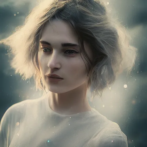 Image similar to portrait art of female angel by alessio albi 8 k ultra realistic, lens flare, atmosphere, glow, detailed, intricate, full of colour, cinematic lighting, trending on artstation, 4 k, hyperrealistic, focused, extreme details, unreal engine 5, cinematic, masterpiece