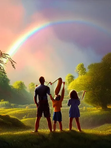 Prompt: dad. mom. kids. a happy familly looking at a distant rainbow. green valley horizon. a village. intricate, elegant, highly detailed, digital painting, artstation, concept art, sharp focus, illustration, by justin gerard and artgerm, 8 k