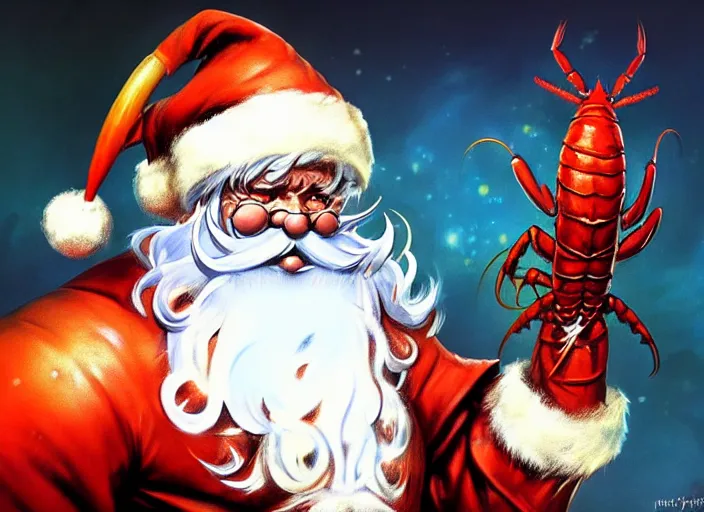 Image similar to magic : the gathering fantasy character concept art of the great anthropomorphic lobster santa by franz frazetta, high resolution. a clear portrait of powerful lobster santa, magical christmas fractals in background, fantasy coloring, intricate, digital painting, artstation, smooth, sharp focus