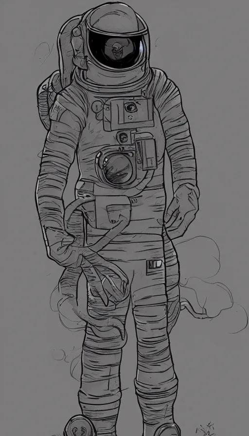 Image similar to concept art, digital art, manga drawing, full body astronaut sketch, sci fi, illustration, in the style of darren bartley, mike mignola