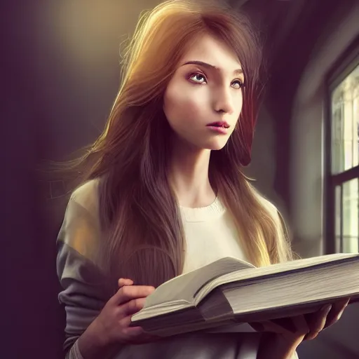 Image similar to a very smart!!! girl reading a book, hair flowing down, portrait photo, profile picture, hyperrealistic, concept art, day time, octane render, unreal engine 5, digital art, high quality, highly detailed, 8K, cute, defined face, elegant clothes, trending on DeviantArt