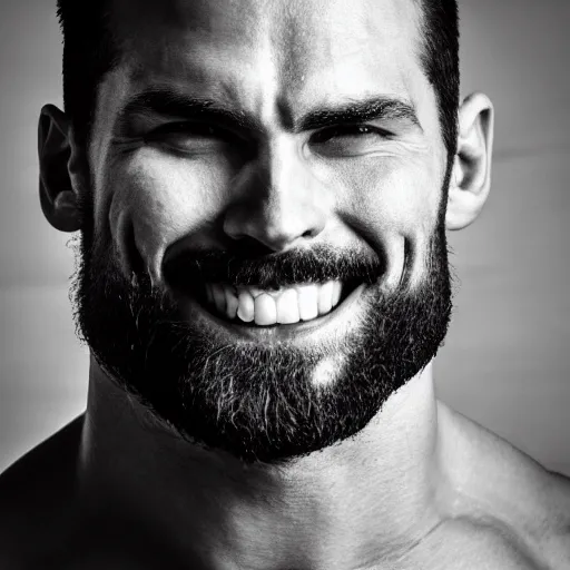 Image similar to Black and white photography of a very muscular man smiling with a chiseled jawline and trimmed beard