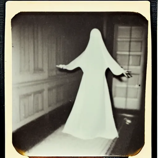 Prompt: Creepy ghost in motel room, red carpet | vintage scratched polaroid photo