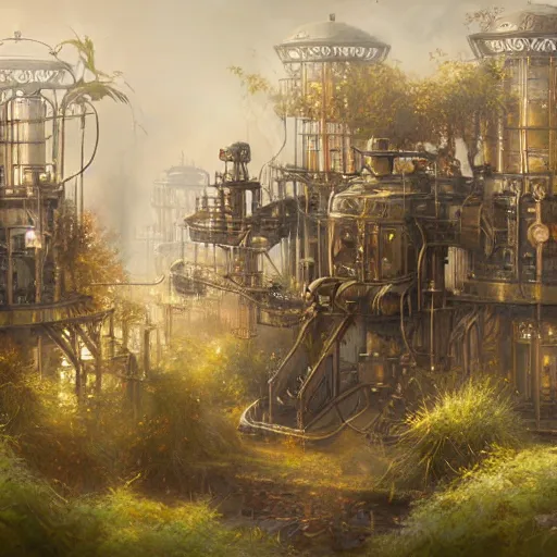 Prompt: a ultradetailed beautiful concept art of the core of a steampunk machine where vegetation have start to peacefully grow, concept art, high resolution 4 k, by tom bagshaw, greg rutkowski, charli bowater and artgeem