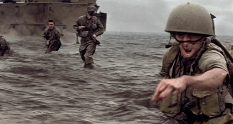 Prompt: Film still of Daniel Radcliffe storming beaches of Normandy in Saving Private Ryan