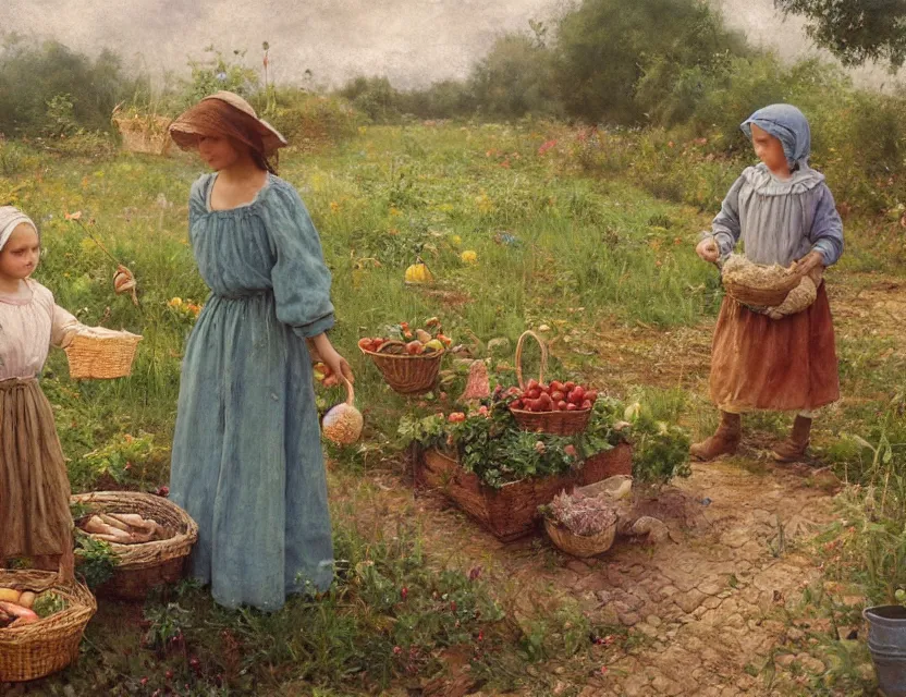 Prompt: 3 peasant girl picking vegetables from garden, cottage core, cinematic focus, polaroid photo bleached vintage pastel colors high - key lighting, soft lights, foggy, by steve hanks, by lisa yuskavage, by serov valentin, by tarkovsky, 8 k render, detailed, oil on canvas