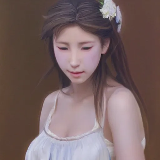 Prompt: photorealistic painting of Aerith Gainsborough captures every detail of the artist’s female subjects, such as their soft skin, flowing hair, and textured clothing. Yasumoto Oka