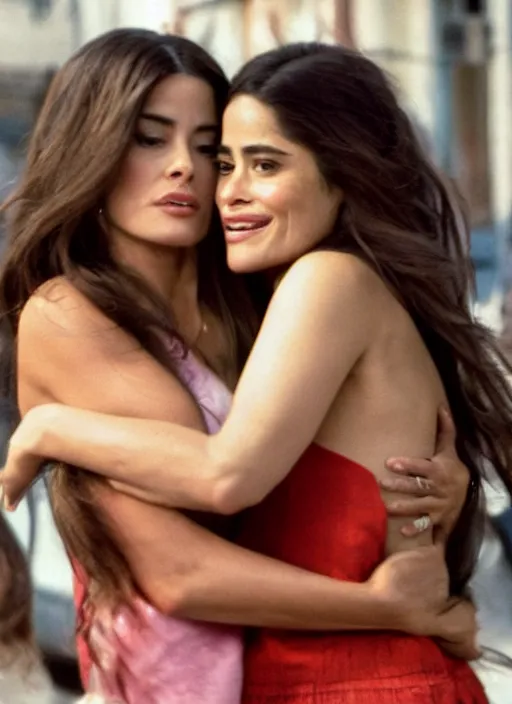 Image similar to film still of sofia vergara and salma hayek hugging in the ghetto, 4k.