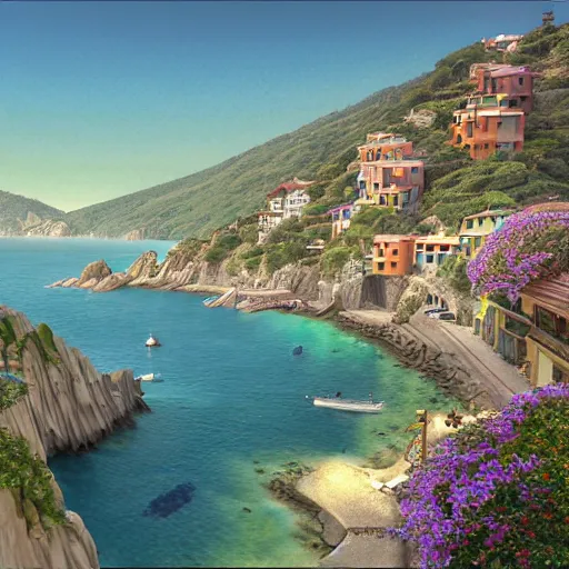 Image similar to pixar 3D render, by studio ghibli, (french bande dessinée), solarpunk, 1244, fantasy setting, mediterranean landscape, quaint old village, cinq terre, highly detailed, luminous, white rock, beautiful, style by moebius, concept art, unreal engine