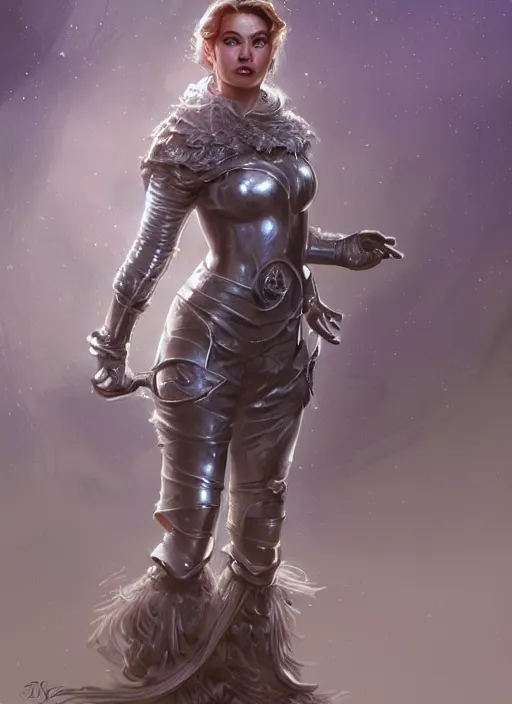 Prompt: beautiful female dorothy gale, rebecca romijn as dorothy, full body character concept, covered in full silver armor, armor plating, art nouveau, nordic, super powers, fantasy, intricate, elegant, highly detailed, digital painting, artstation, concept art, shining, sharp focus, illustration, art by stanley lau