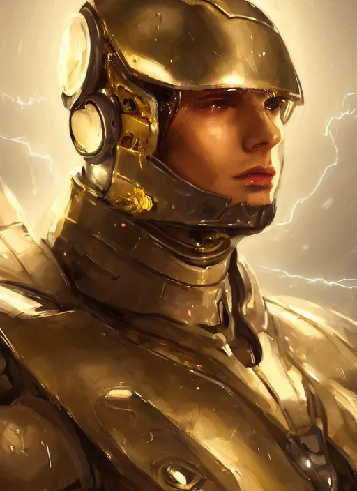 Image similar to portrait of handsome guy in cyber armor, dreamy and ethereal, expressive pose, gold eyes, exciting expression, fantasy, intricate, elegant, many lightning, cold color, highly detailed, digital painting, artstation, concept art, cyberpunk wearing, smooth, sharp focus, led, illustration.