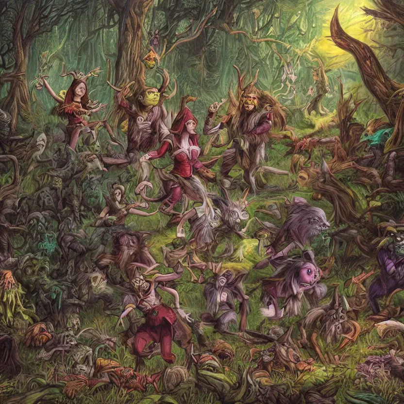 Image similar to a scene of elves running through a clearing in a dark fantasy forest surrounded by darkness and colorful cartoon monsters. hyperrealist illustration. muted colors. 1 9 7 0's pulp science fiction and fantasy cartoon for alice in wonderland and wizard of oz. highly detailed and richly colored painting by don ivan punchatz and basil gogos. trending on artstation