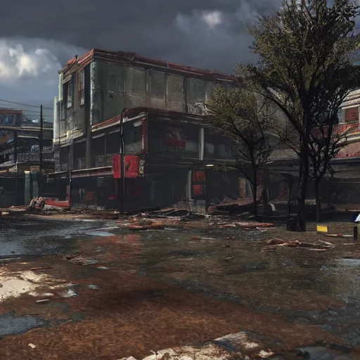 Image similar to atlanta flooded and in ruins post - nuclear war in fallout 4, in game screenshot